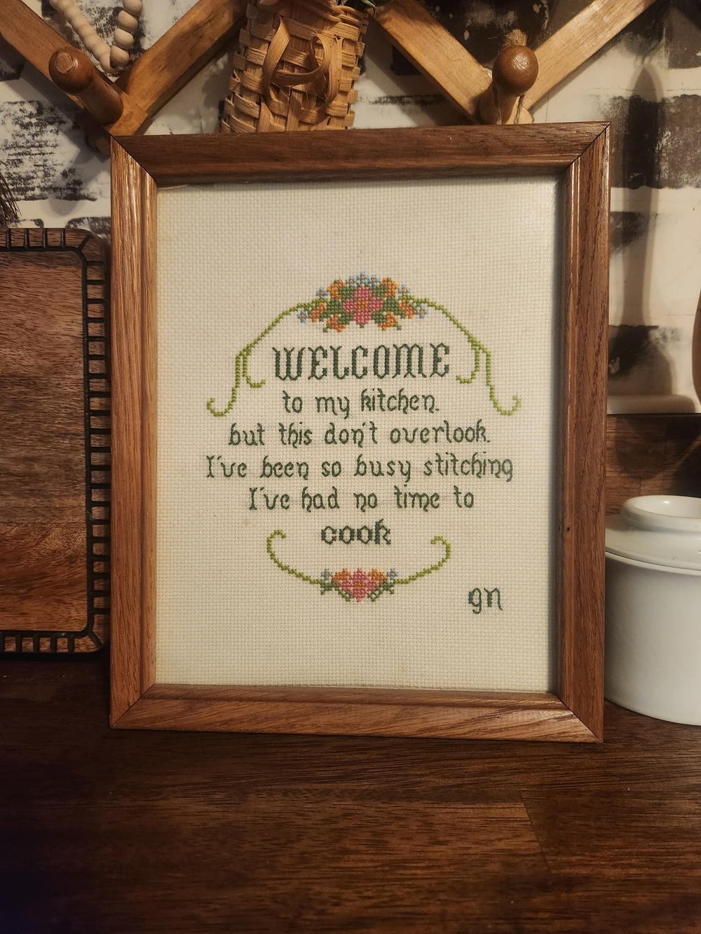 Framed Cross Stitch Kitchen Welcome Sign - Green Floral Accents